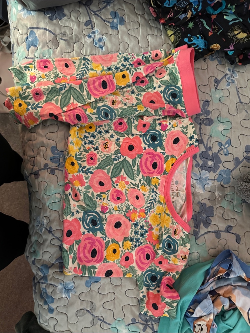 Little Sleepies Pink, Yellow, Green, Blue Floral Kids Pajama Set. Short sleeved